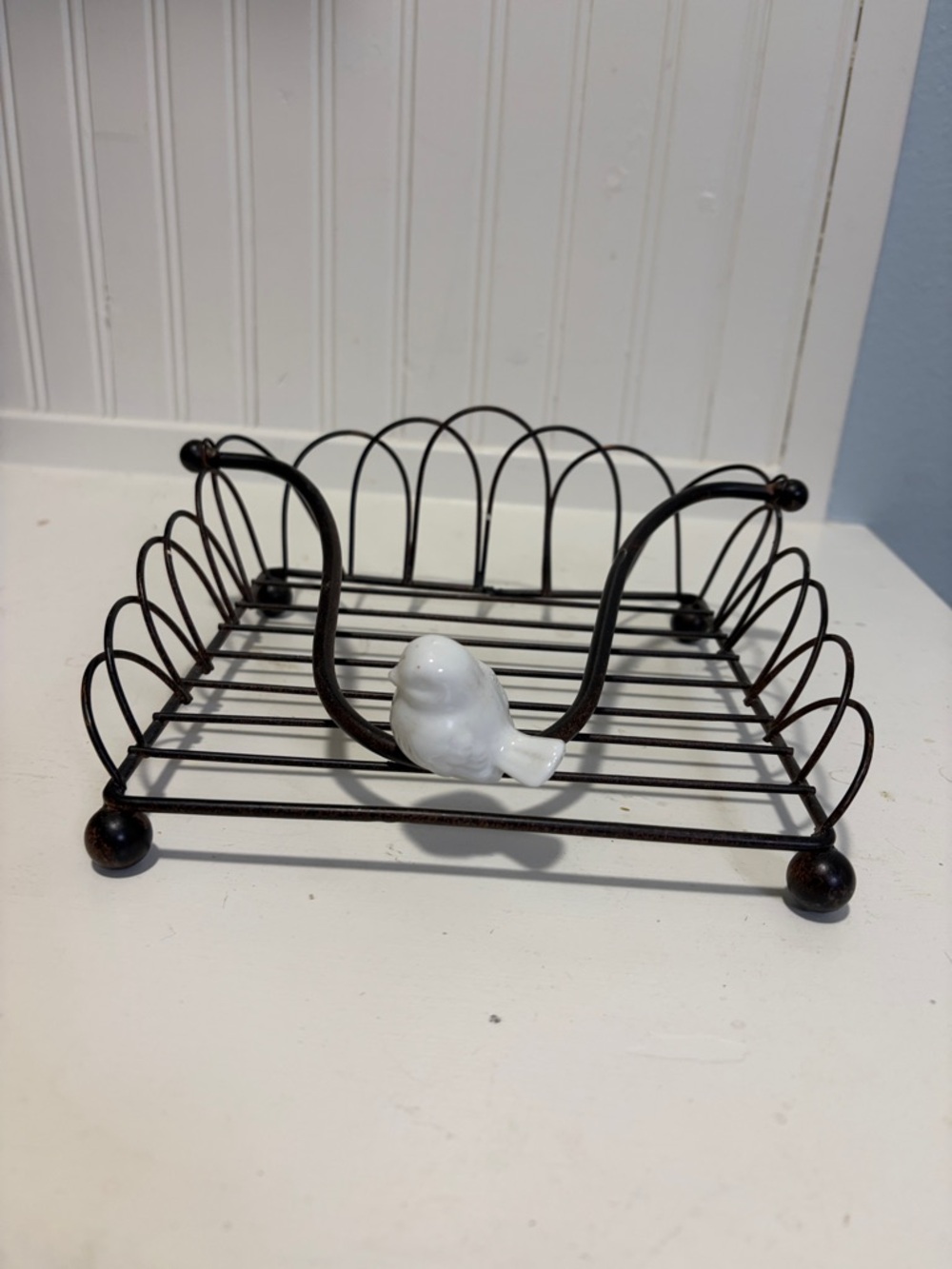 Rustic Metal Napkin Holder with White Ceramic Bird